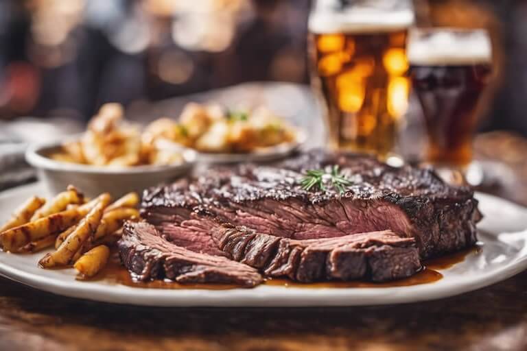 macro photograph of a brisket on a table with beer, in a blurred restaurant with depth of field, bokeh, soft diffused light, professional food photography