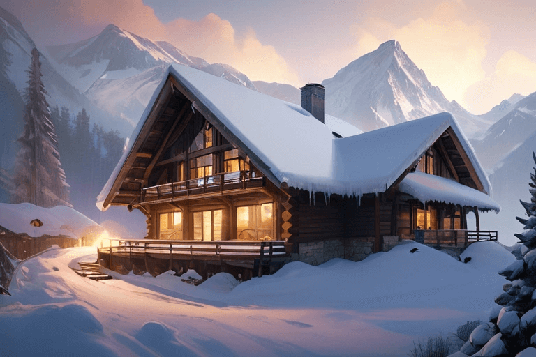 Mountain chalet covered in snow, foggy, sunrise, sharp details, sharp focus, elegant, highly detailed, illustration, by Jordan Grimmer and Greg Rutkowski