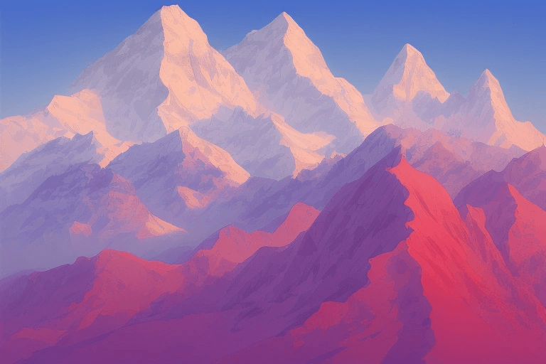 Himalayan mountains, flat design, vibrant colors, Moebius