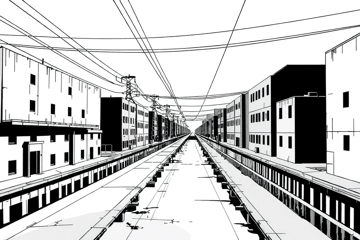 Industrial urban scene featuring stark, geometric buildings lining a narrow, reflective canal. Power lines stretch overhead, enhancing the sense of depth in this minimalist black and white illustration.