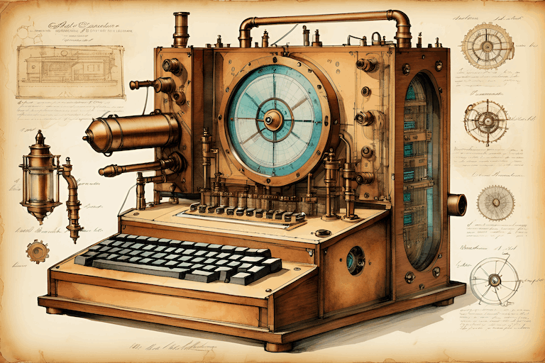 Schematics for a steampunk computer from the Victorian Age, showcasing long lost technology. ink and watercolor on parchment