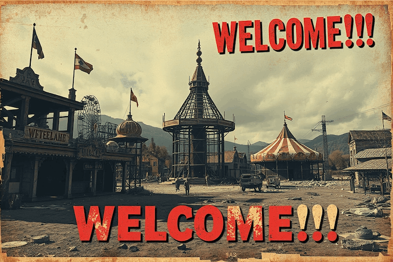 A post-apocalyptic wasteland with an amusement park in ruins in the style of vintage poster, featuring distressed textures, muted colors, and bold typography, reminiscent of mid-century advertisements or travel posters. The poster says "WELCOME!!!"
